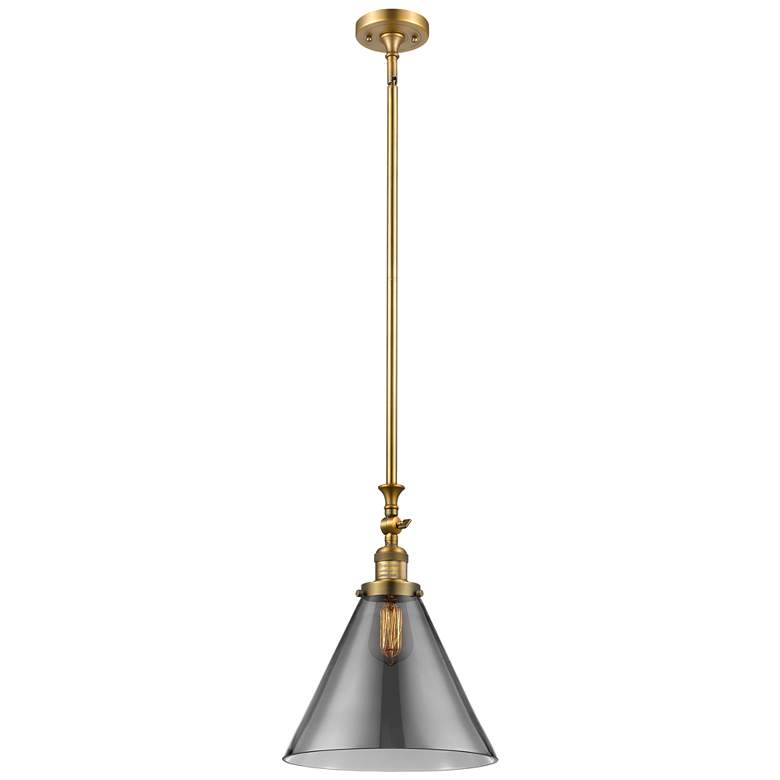 Image 1 Cone 12" Wide Brushed Brass Stem Hung Mini Pendant w/ Plated Smoke Sha