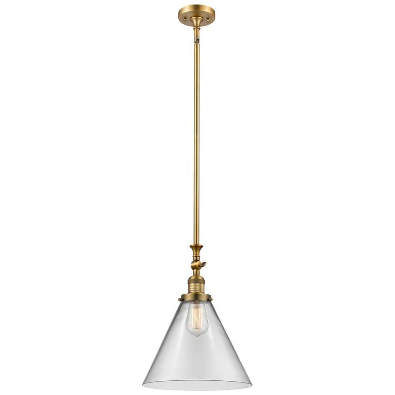 Image 1 Cone 12 inch Wide Brushed Brass Stem Hung Tiltable Mini Pendant w/ Clear S