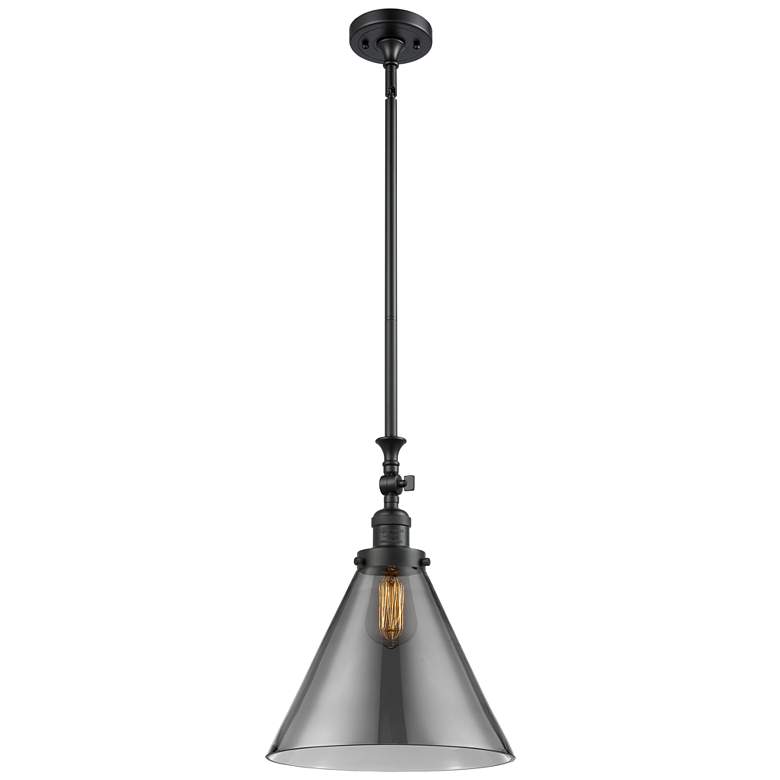 Image 1 Cone 12" Wide Matte Black Stem Hung Mini Pendant w/ Plated Smoke Shade