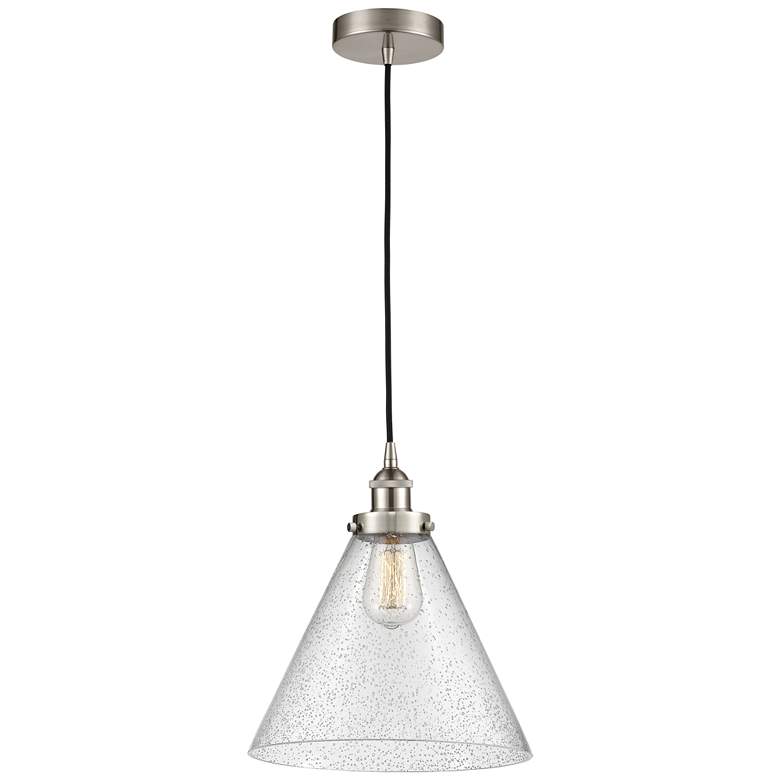 Image 1 Cone 12" Wide Satin Nickel LED Mini Pendant w/ Seedy Glass