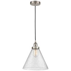 Cone 12" Wide Satin Nickel LED Mini Pendant w/ Seedy Glass