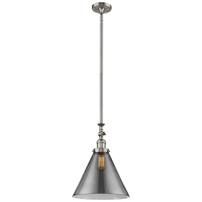 Image 1 Cone 12"W Brushed Satin Nickel Stem Hung Mini Pendant w/ Plated Smoke