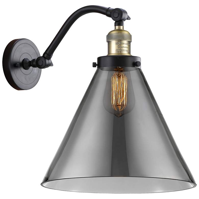 Image 1 Cone 14 inch High Black Brass Sconce w/ Plated Smoke Shade