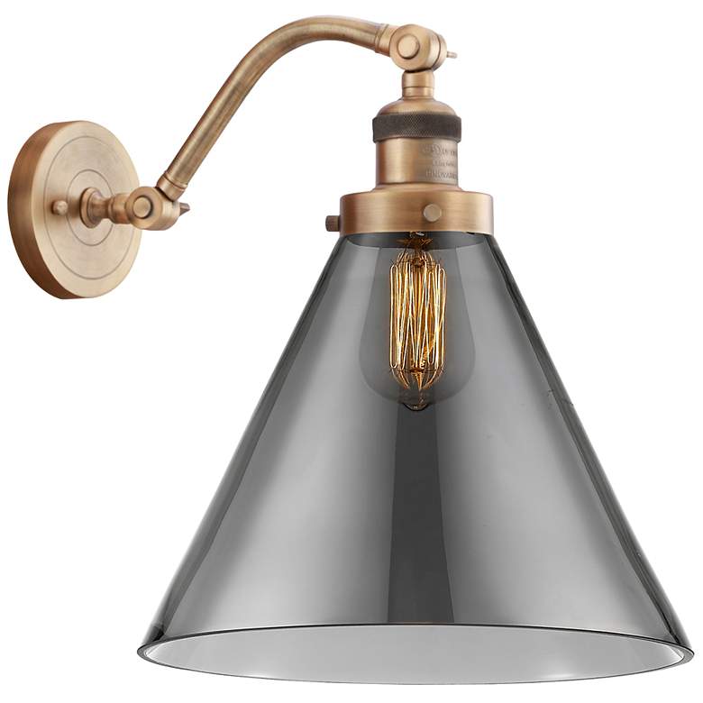 Image 1 Cone 14" High Brushed Brass Sconce w/ Plated Smoke Shade