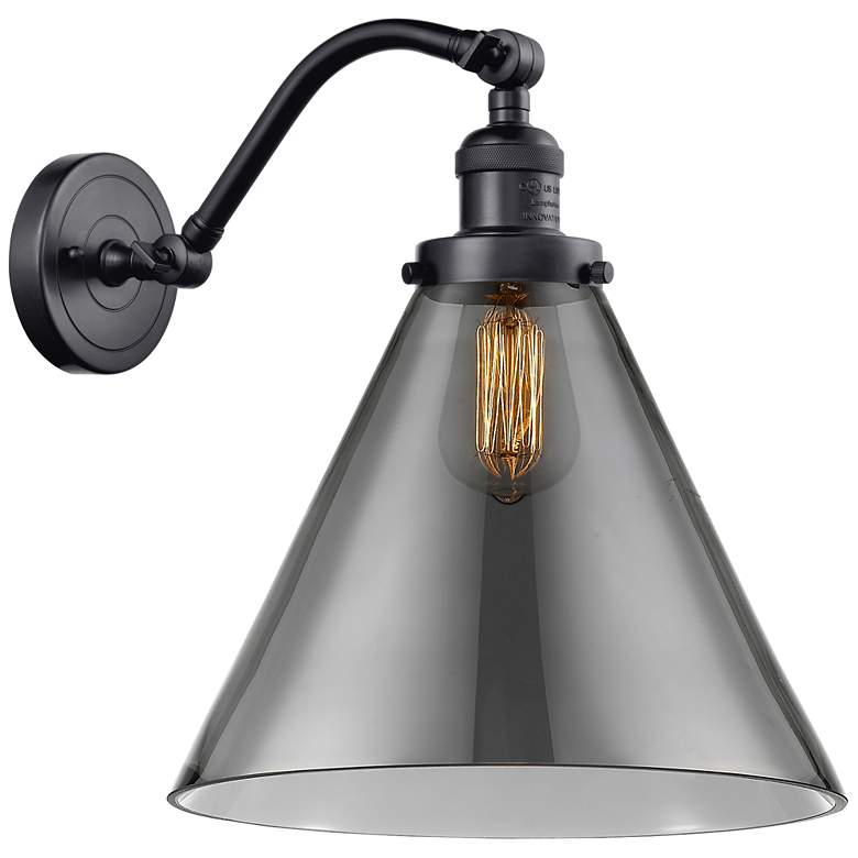 Image 1 Cone 14" High Matte Black Sconce w/ Plated Smoke Shade