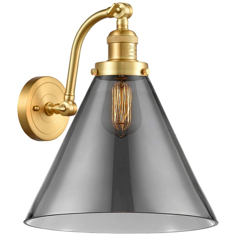 Image 1 Cone 14" High Satin Gold Sconce w/ Plated Smoke Shade