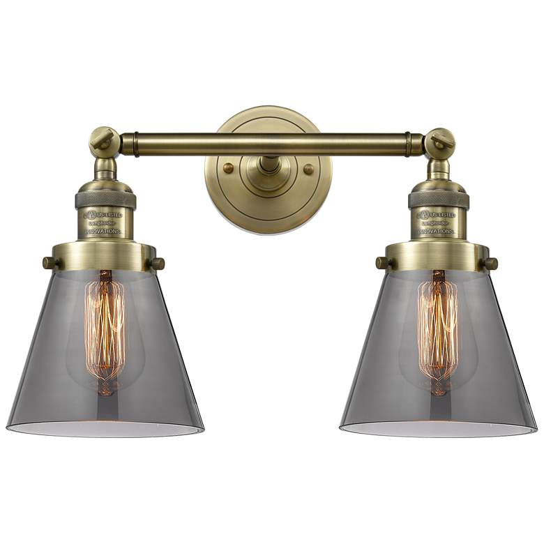 Image 1 Cone 16" 2-Light Antique Brass Bath Light w/ Plated Smoke Shade