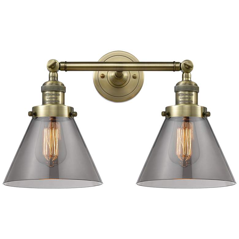Image 1 Cone 18" 2-Light Antique Brass Bath Light w/ Plated Smoke Shade
