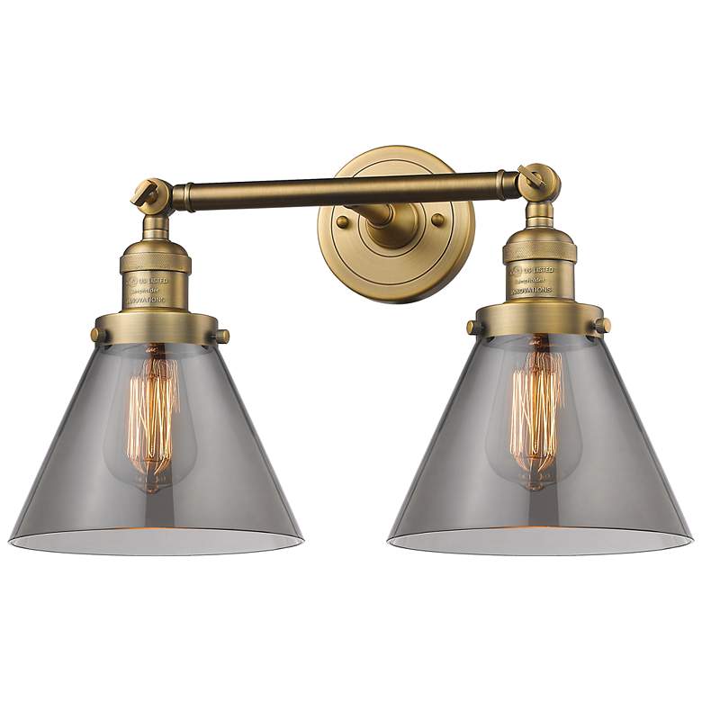 Image 1 Cone 18" 2-Light Brushed Brass Bath Light w/ Plated Smoke Shade