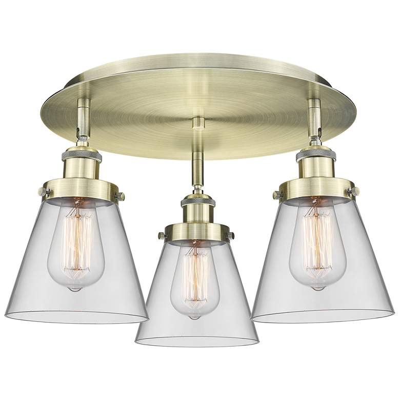 Image 1 Cone 18" Wide 3 Light Antique Brass Flush Mount With Clear Glass Shade