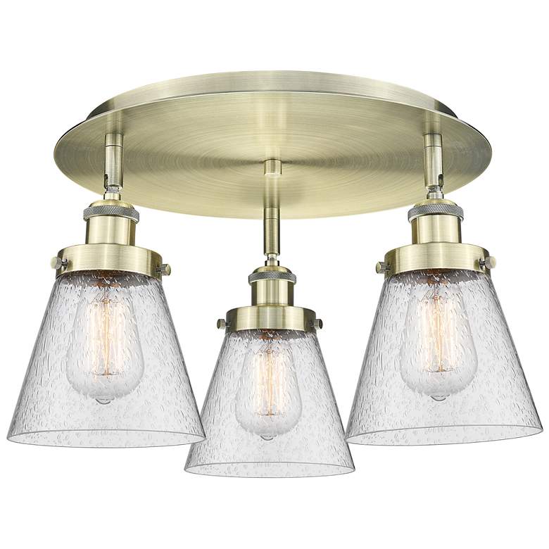 Image 1 Cone 18" Wide 3 Light Antique Brass Flush Mount With Seedy Glass Shade