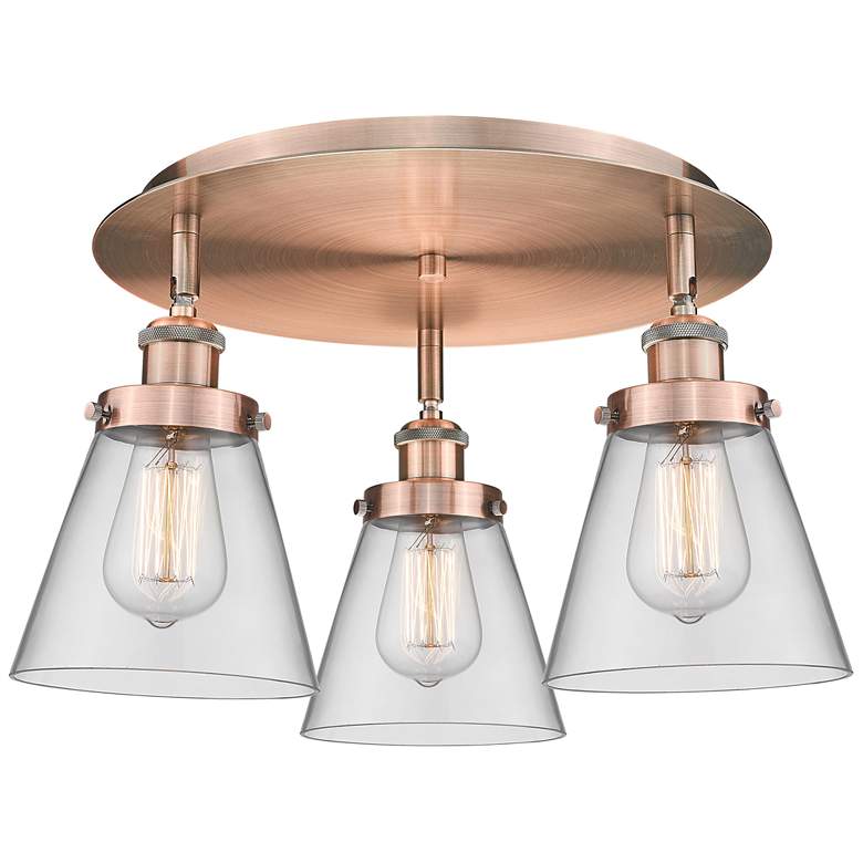 Image 1 Cone 18" Wide 3 Light Antique Copper Flush Mount With Clear Glass Shad