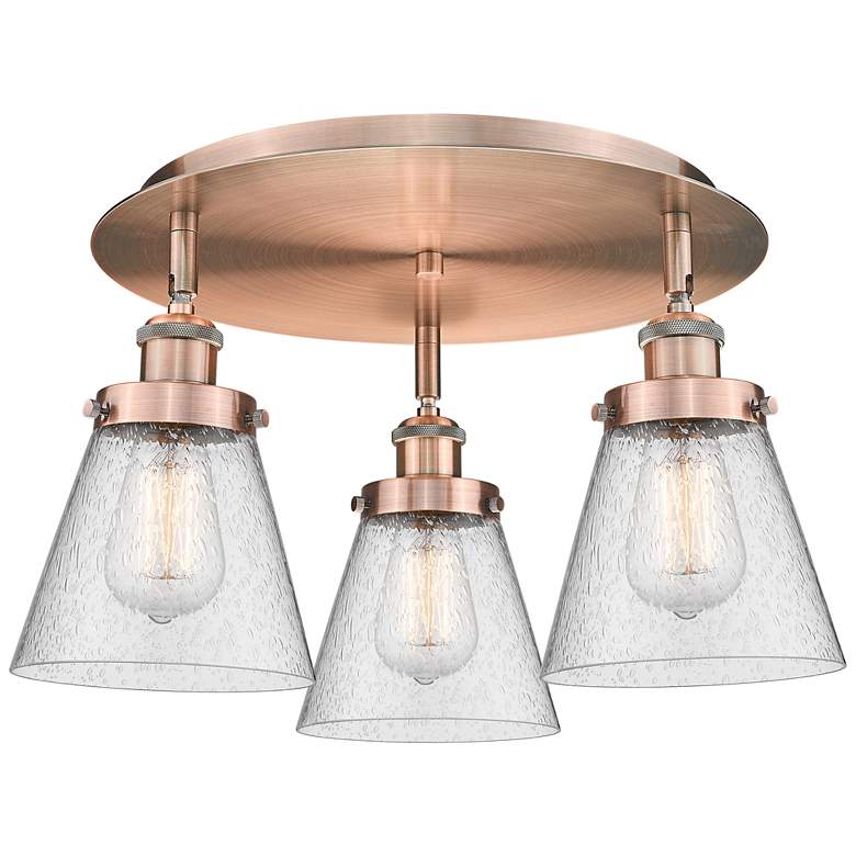 Image 1 Cone 18" Wide 3 Light Antique Copper Flush Mount With Seedy Glass Shad