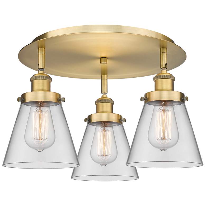 Image 1 Cone 18" Wide 3 Light Brushed Brass Flush Mount With Clear Glass Shade