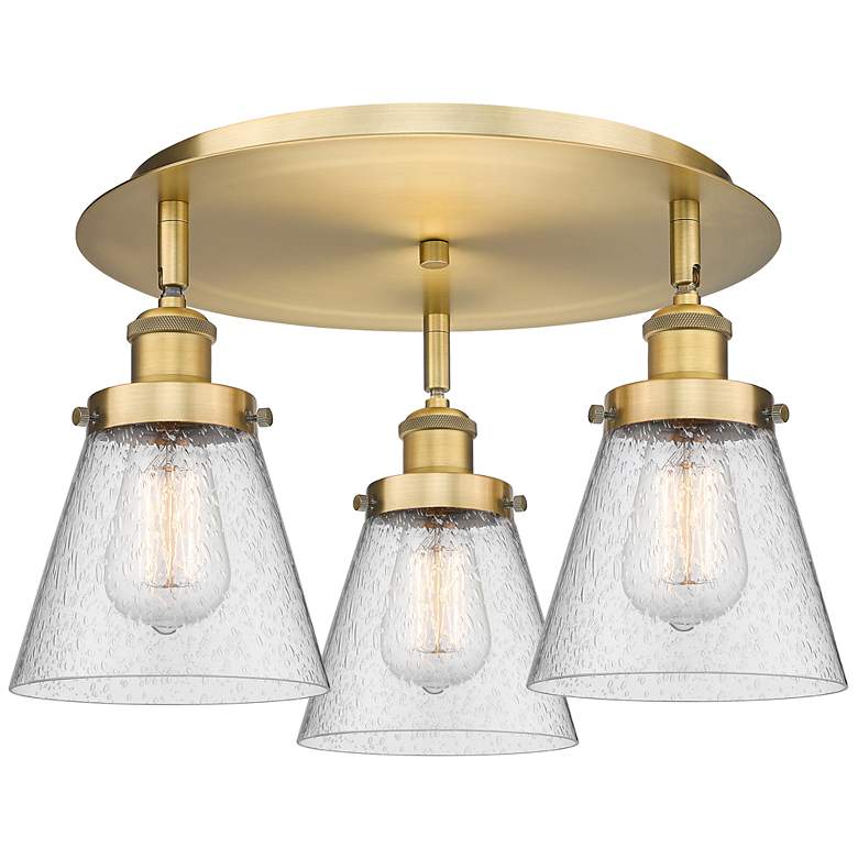Image 1 Cone 18" Wide 3 Light Brushed Brass Flush Mount With Seedy Glass Shade