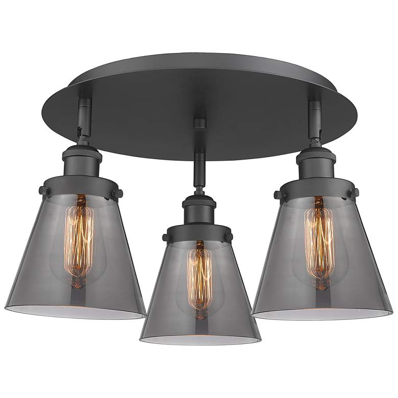 Image 1 Cone 18" Wide 3 Light Matte Black Flush Mount With Plated Smoke Glass