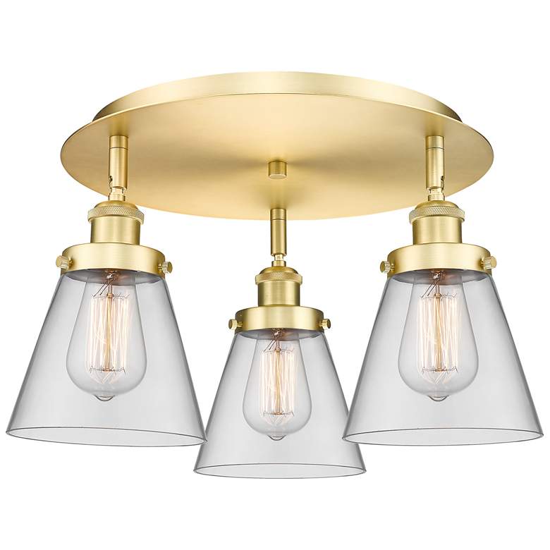 Image 1 Cone 18" Wide 3 Light Satin Gold Flush Mount With Clear Glass Shade