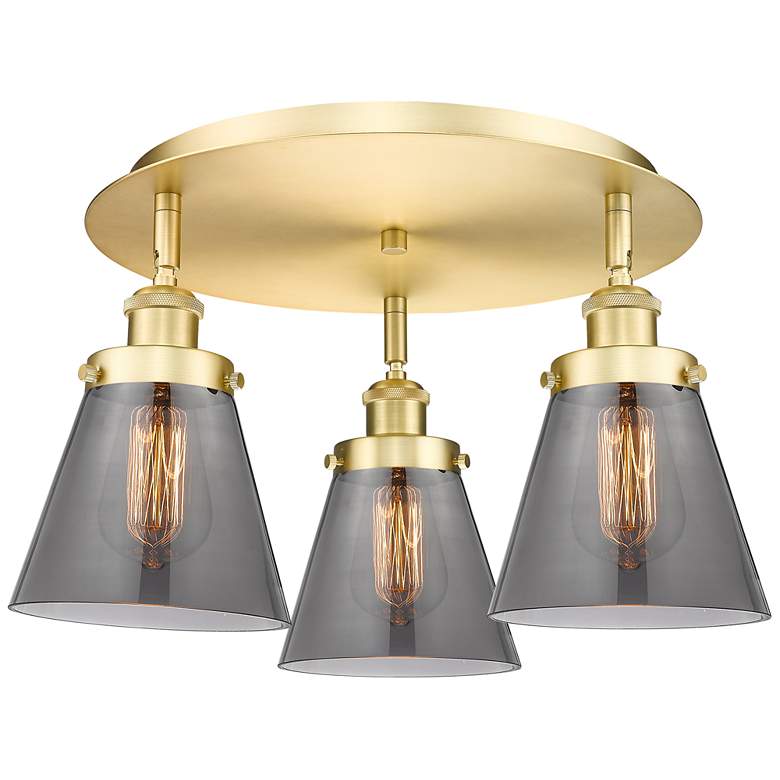 Image 1 Cone 18" Wide 3 Light Satin Gold Flush Mount With Plated Smoke Glass S