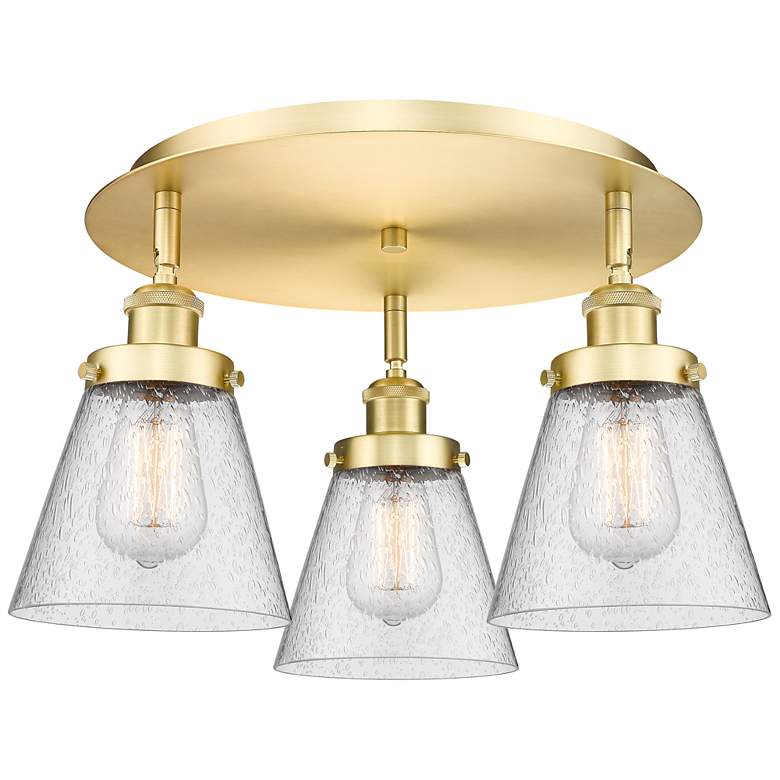 Image 1 Cone 18" Wide 3 Light Satin Gold Flush Mount With Seedy Glass Shade