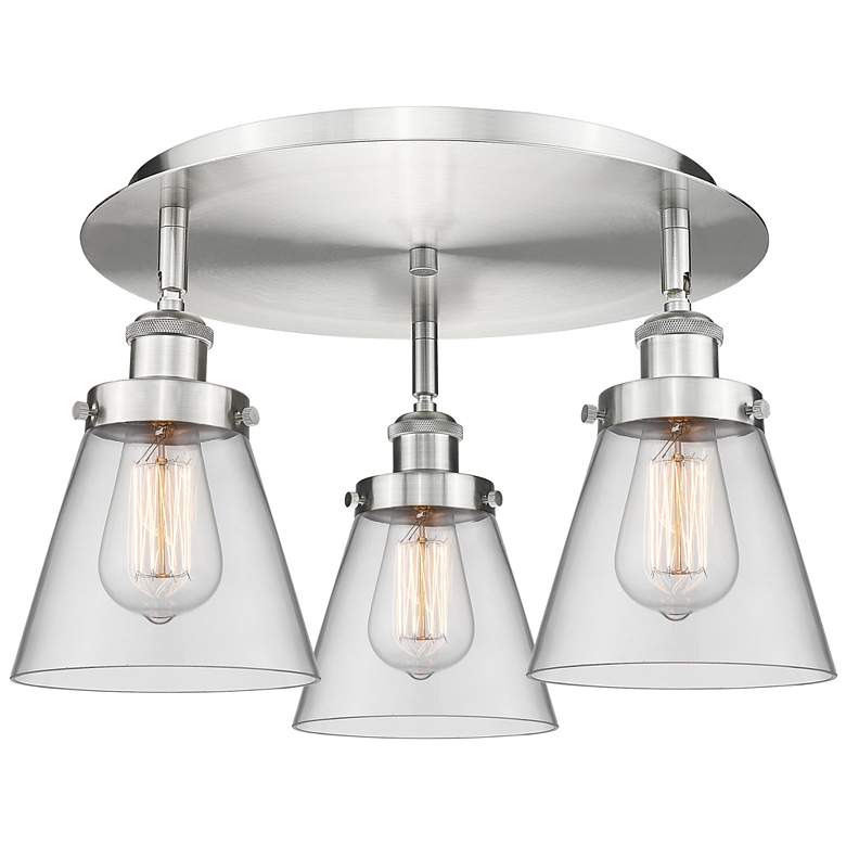 Image 1 Cone 18" Wide 3 Light Satin Nickel Flush Mount With Clear Glass Shade