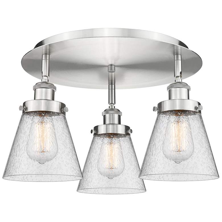 Image 1 Cone 18" Wide 3 Light Satin Nickel Flush Mount With Seedy Glass Shade