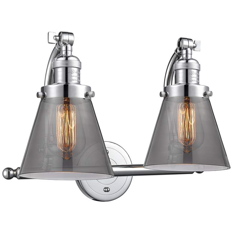 Image 1 Cone 18 inchW 2 Light Polished Chrome Bath Vanity Light w/ Plated Smoke Sh