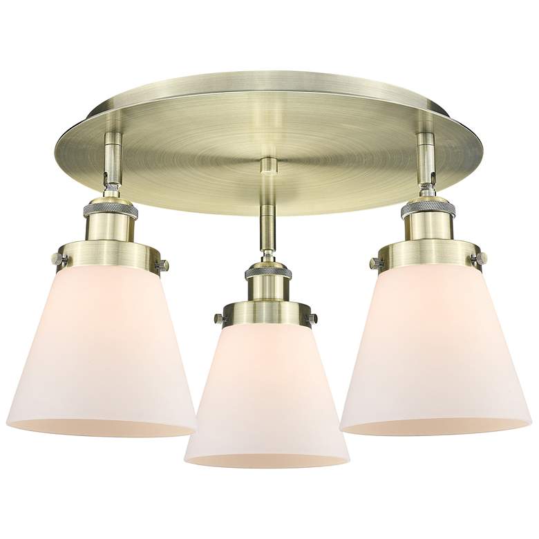 Image 1 Cone 18"W 3 Light Antique Brass Flush Mount With Matte White Glass Sha