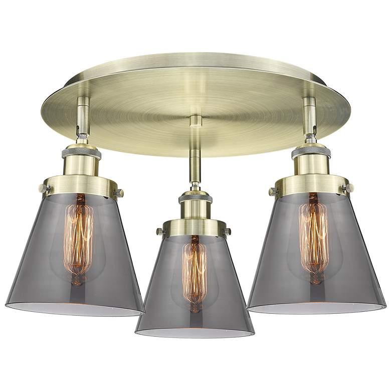 Image 1 Cone 18"W 3 Light Antique Brass Flush Mount With Plated Smoke Glass Sh