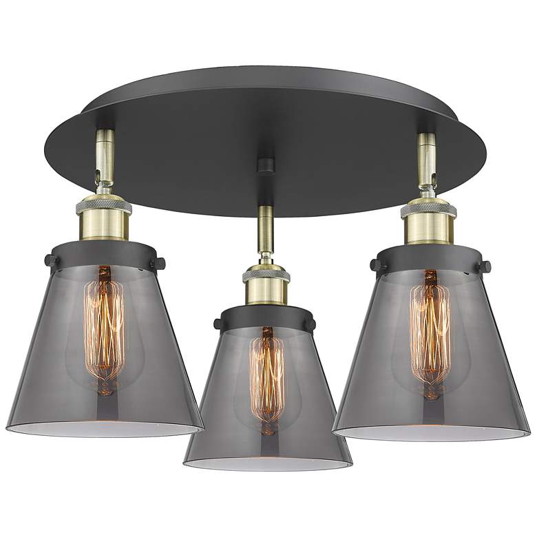 Image 1 Cone 18"W 3 Light Black Antique Brass Flush Mount w/ Smoke Glass Shade
