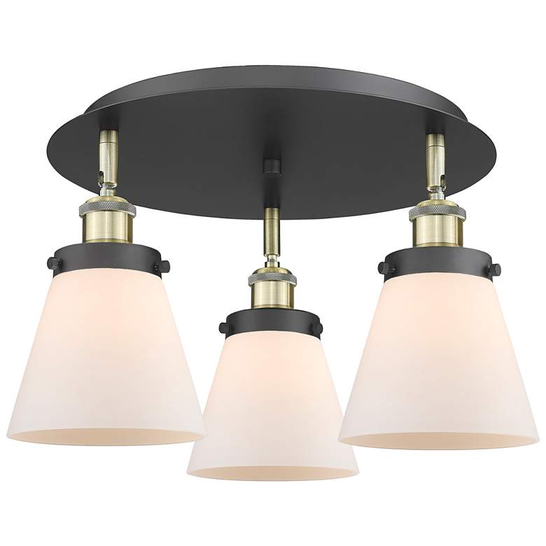 Image 1 Cone 18"W 3 Light Black Antique Brass Flush Mount w/ White Shade