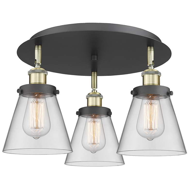 Image 1 Cone 18"W 3 Light Black Antique Brass Flush Mount With Clear Glass Sha