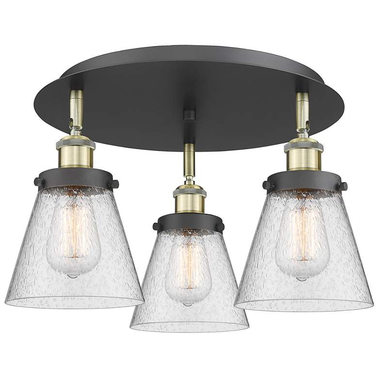 Image 1 Cone 18"W 3 Light Black Antique Brass Flush Mount With Seedy Glass Sha