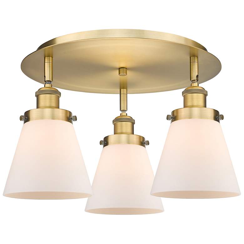 Image 1 Cone 18"W 3 Light Brushed Brass Flush Mount With Matte White Glass Sha