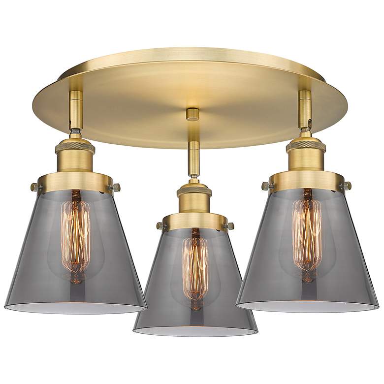 Image 1 Cone 18"W 3 Light Brushed Brass Flush Mount With Plated Smoke Glass Sh