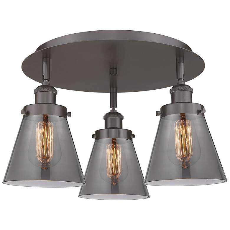 Image 1 Cone 18"W 3 Light Oil Rubbed Bronze Flush Mount w/ Plated Smoke Glass