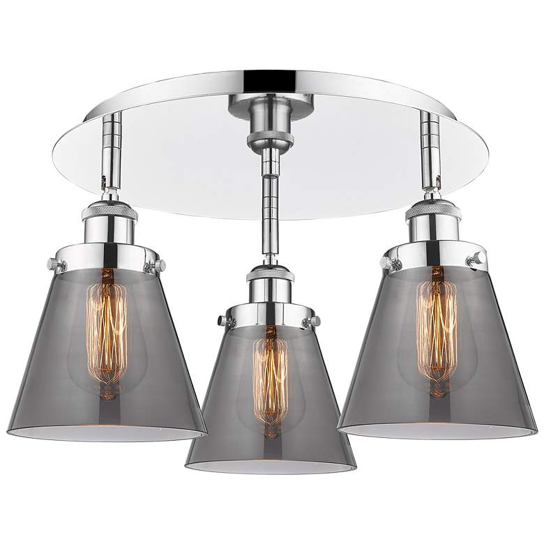 Image 1 Cone 18"W 3 Light Polished Chrome Flush Mount With Plated Smoke Glass