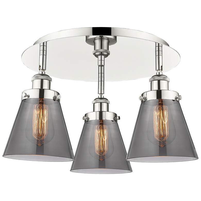 Image 1 Cone 18"W 3 Light Polished Nickel Flush Mount With Plated Smoke Glass