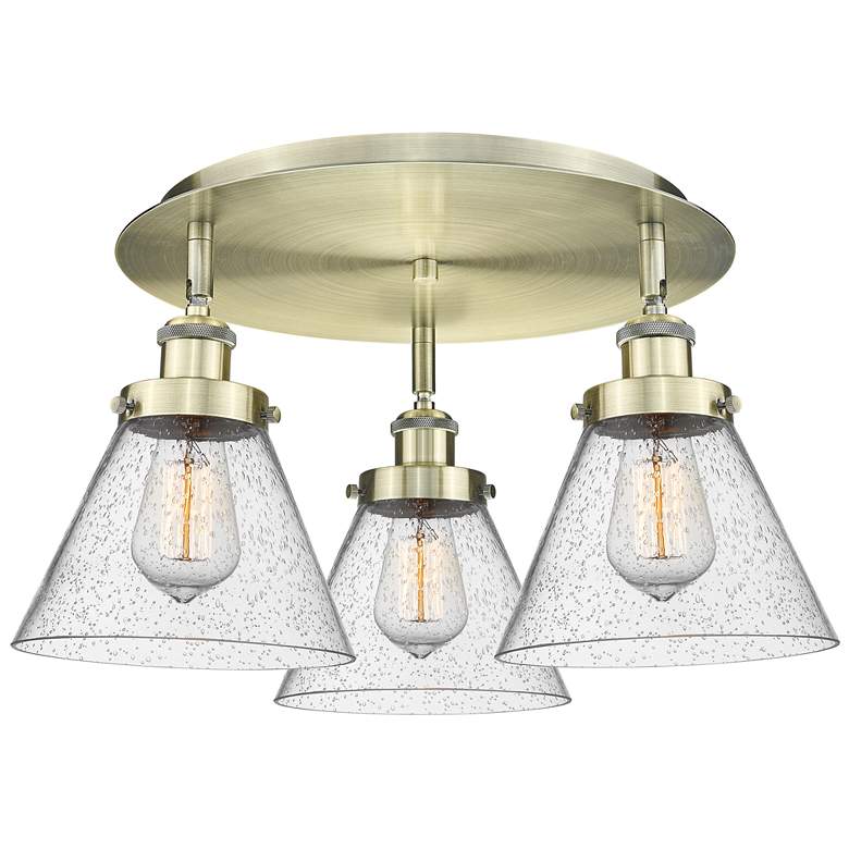 Image 1 Cone 19.5" Wide 3 Light Antique Brass Flush Mount With Seedy Glass Sha