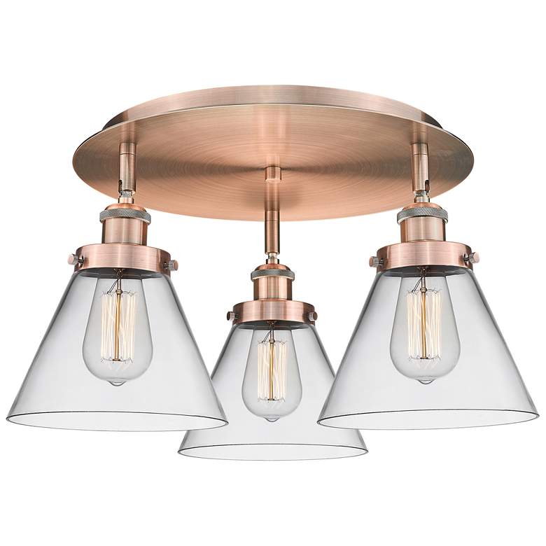 Image 1 Cone 19.5" Wide 3 Light Antique Copper Flush Mount With Clear Glass Sh