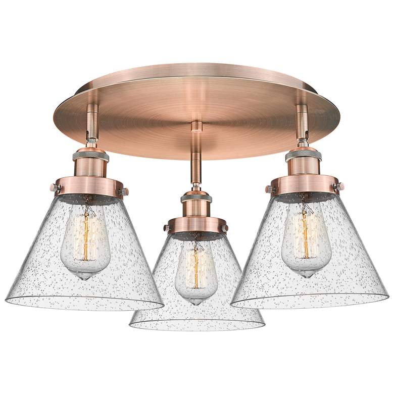 Image 1 Cone 19.5" Wide 3 Light Antique Copper Flush Mount With Seedy Glass Sh