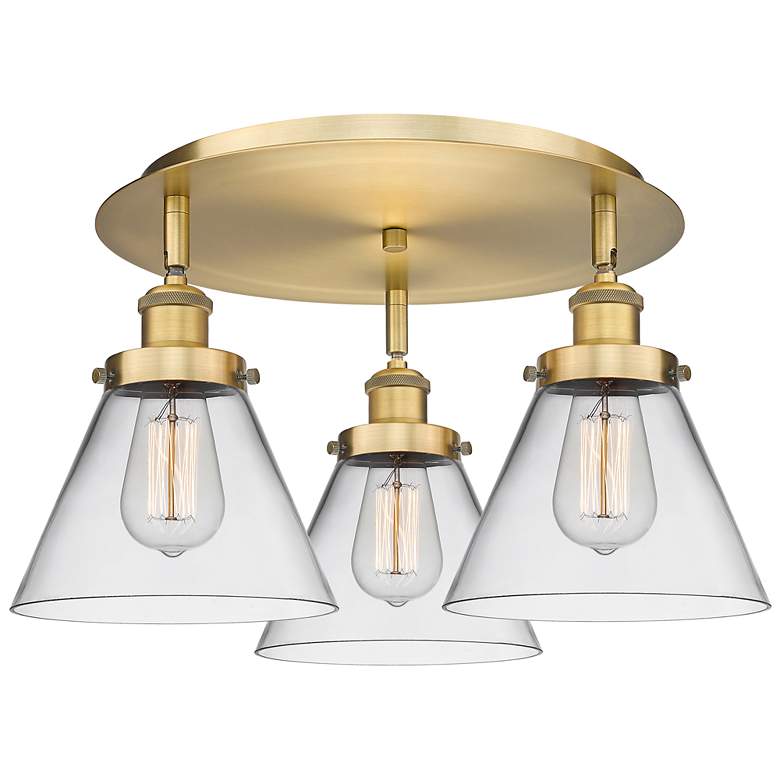 Image 1 Cone 19.5" Wide 3 Light Brushed Brass Flush Mount With Clear Glass Sha