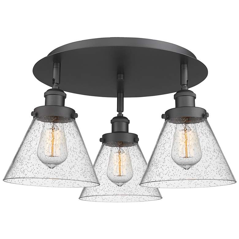 Image 1 Cone 19.5" Wide 3 Light Matte Black Flush Mount With Seedy Glass Shade