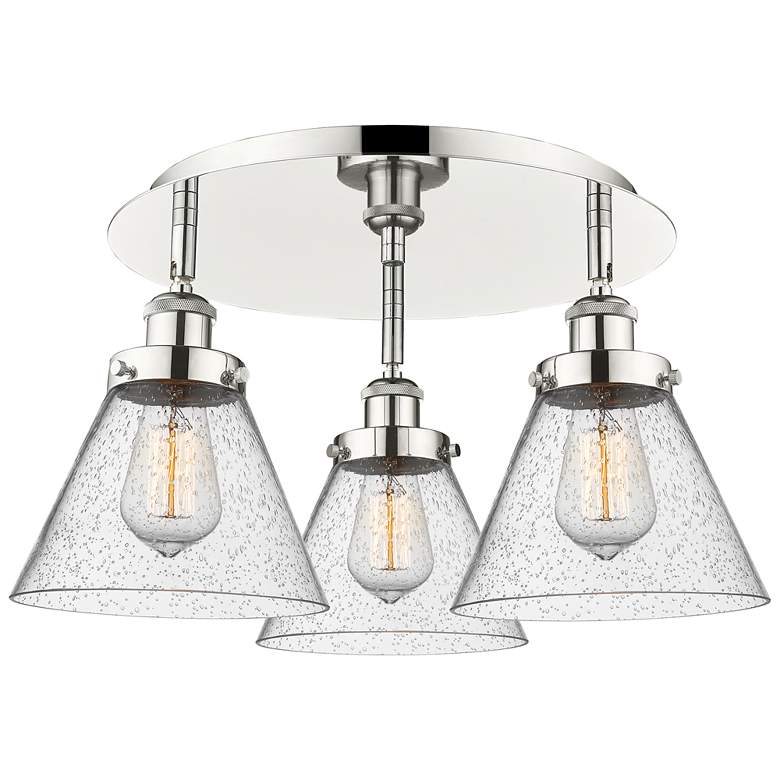 Image 1 Cone 19.5" Wide 3 Light Polished Nickel Flush Mount With Seedy Glass S