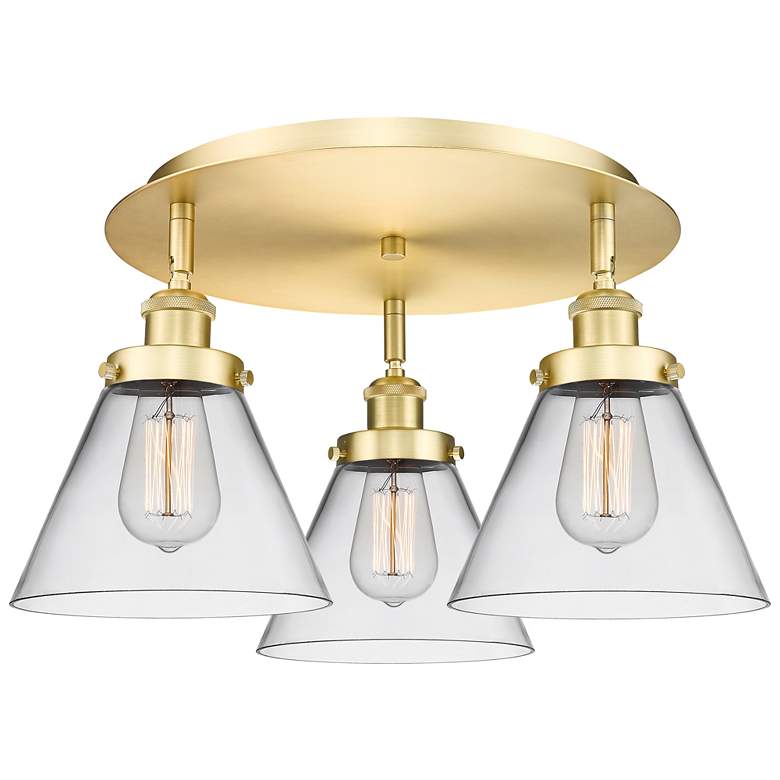 Image 1 Cone 19.5" Wide 3 Light Satin Gold Flush Mount With Clear Glass Shade