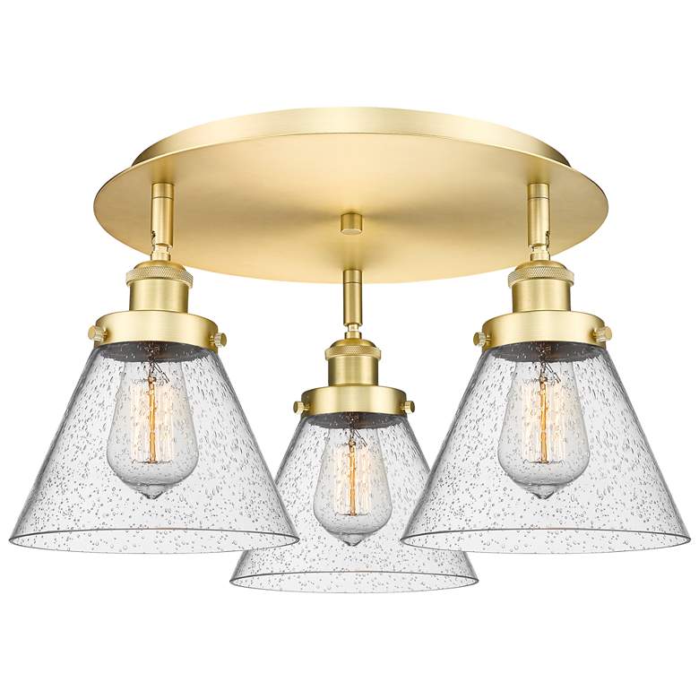 Image 1 Cone 19.5" Wide 3 Light Satin Gold Flush Mount With Seedy Glass Shade