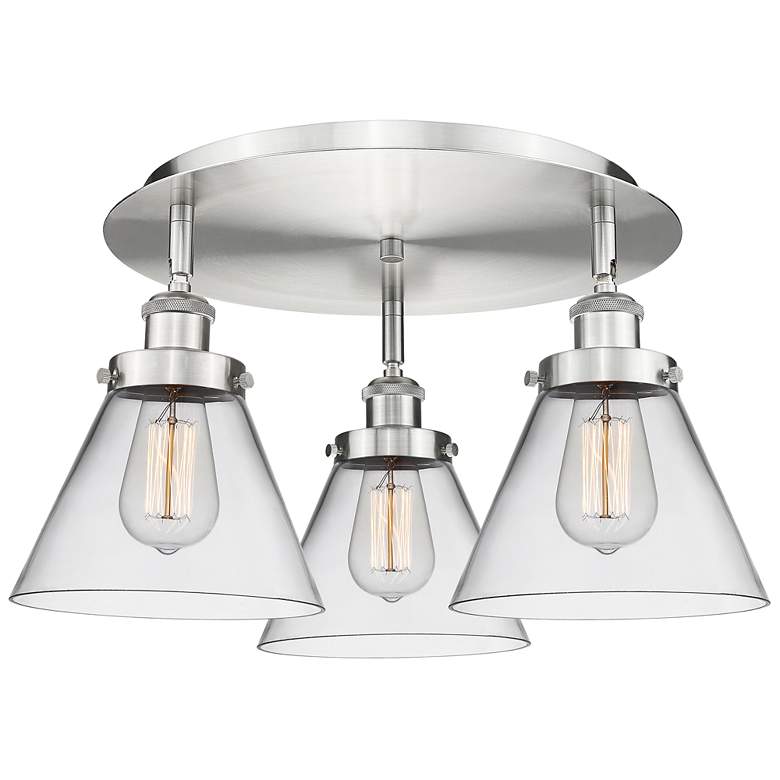 Image 1 Cone 19.5" Wide 3 Light Satin Nickel Flush Mount With Clear Glass Shad