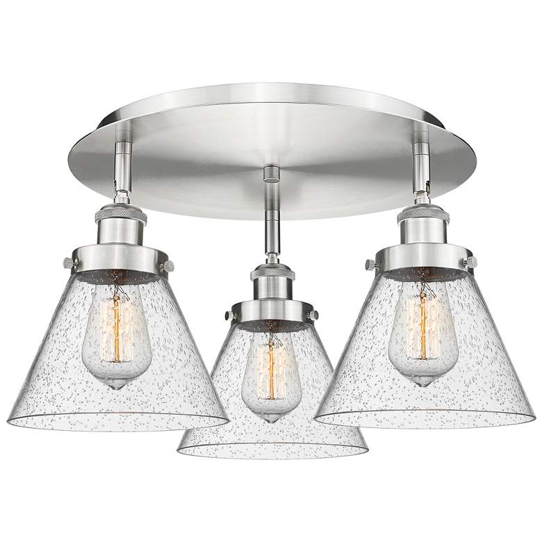 Image 1 Cone 19.5" Wide 3 Light Satin Nickel Flush Mount With Seedy Glass Shad