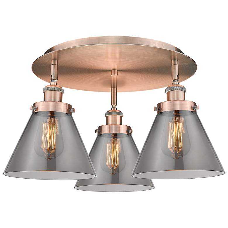 Image 1 Cone 19.5"W 3 Light Antique Copper Flush Mount w/ Plated Smoke Glass S