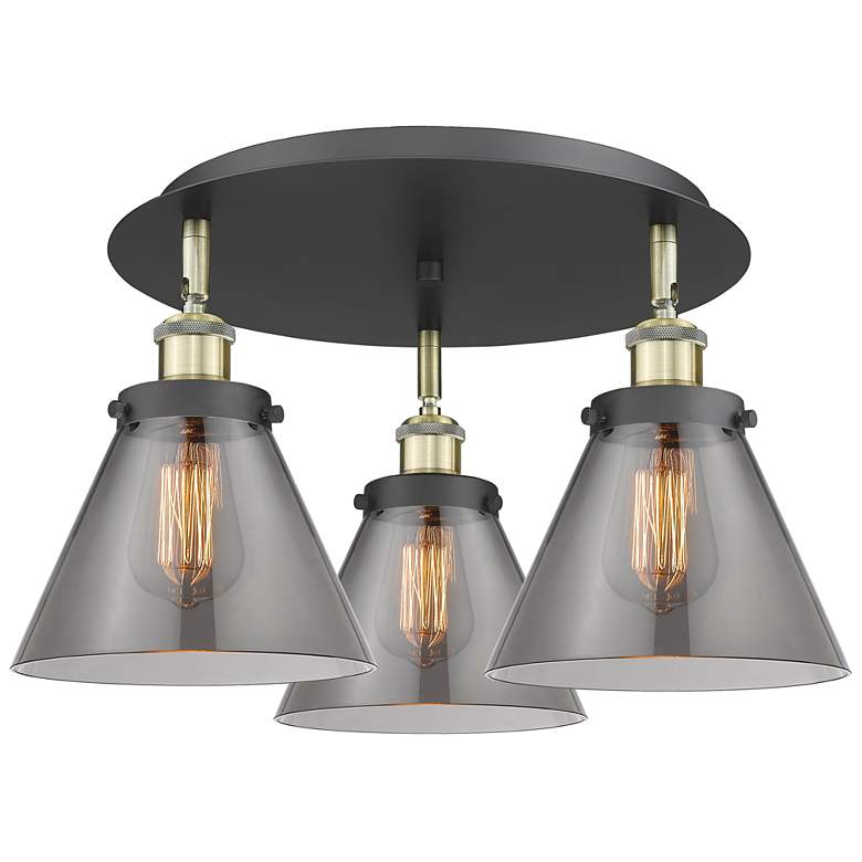 Image 1 Cone 19.5"W 3 Light Black Antique Brass Flush Mount w/ Smoke Glass Sha