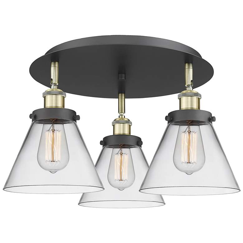 Image 1 Cone 19.5"W 3 Light Black Antique Brass Flush Mount With Clear Glass S